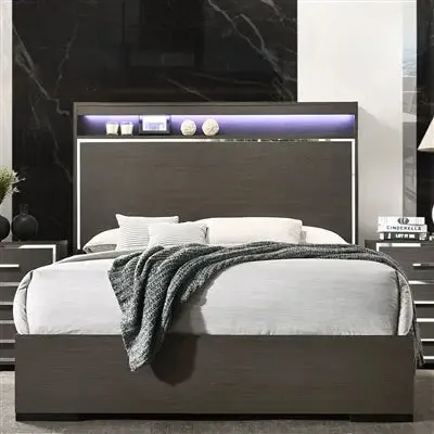 Mylah Queen Bed w/LED headboard, Gray Oak