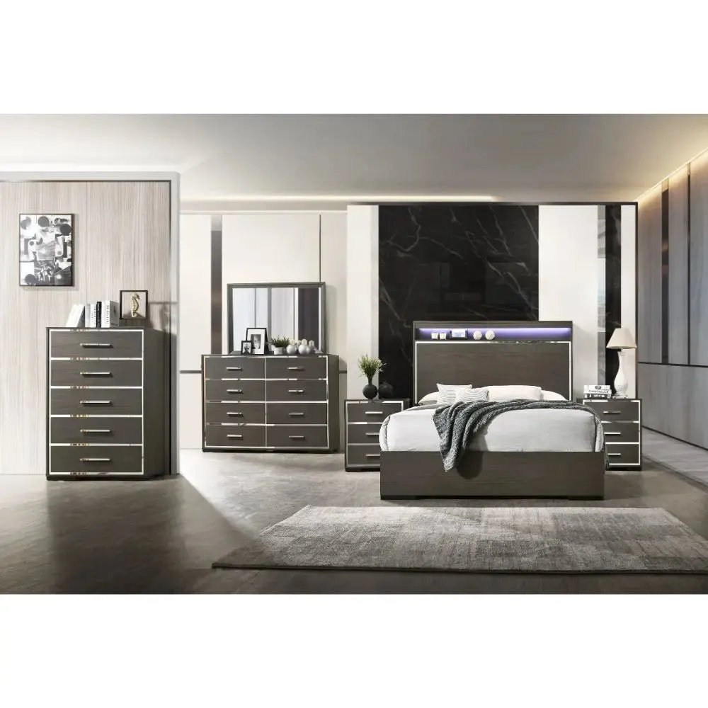 Mylah Queen Bed w/LED headboard, Gray Oak