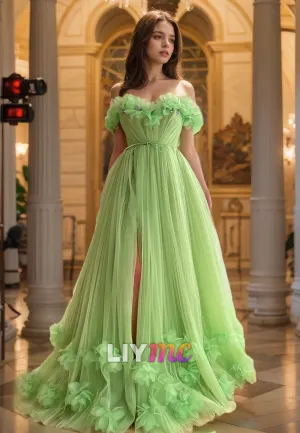 Off-Shoulder Strapless Tulle Floral Embellished A-Line Prom Dress