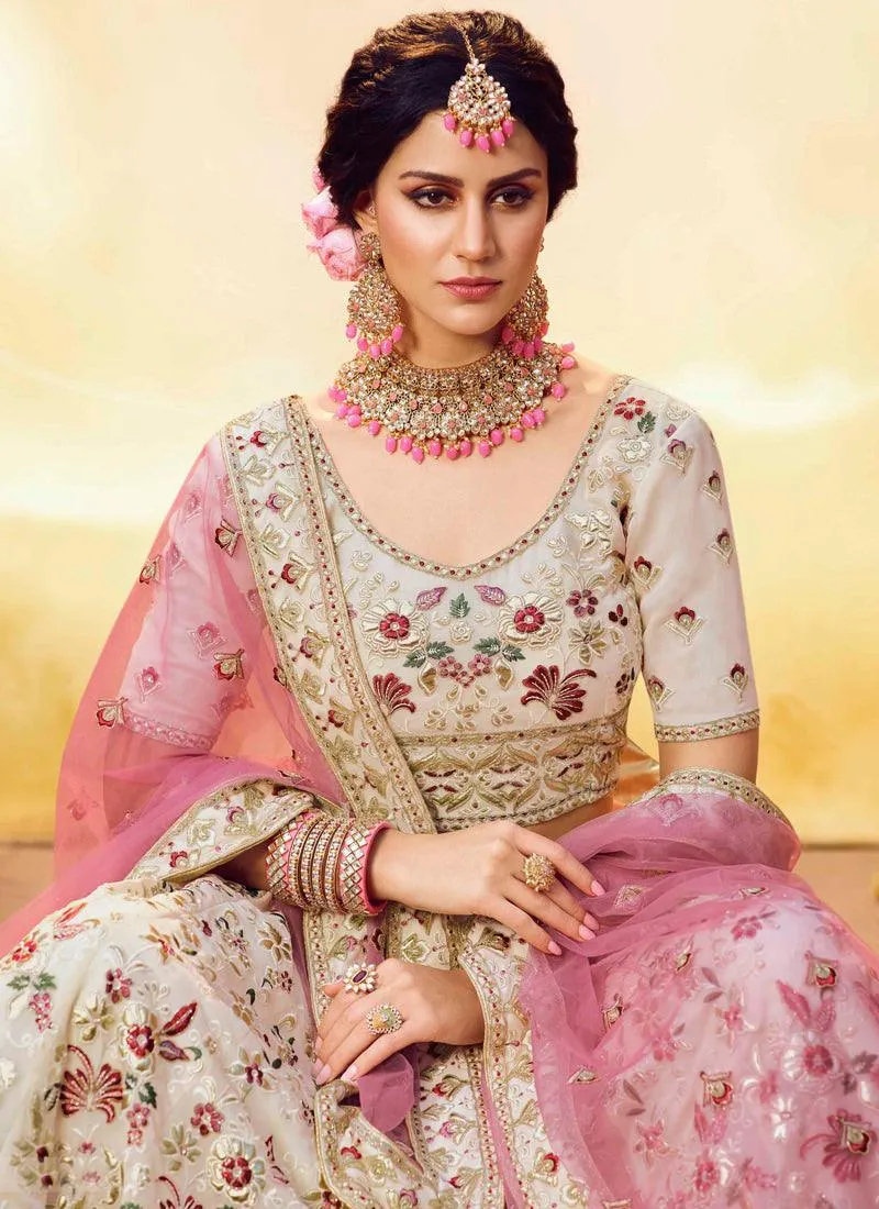 Off-White Resham Zarkan Dori Georgette Base Lehenga Choli