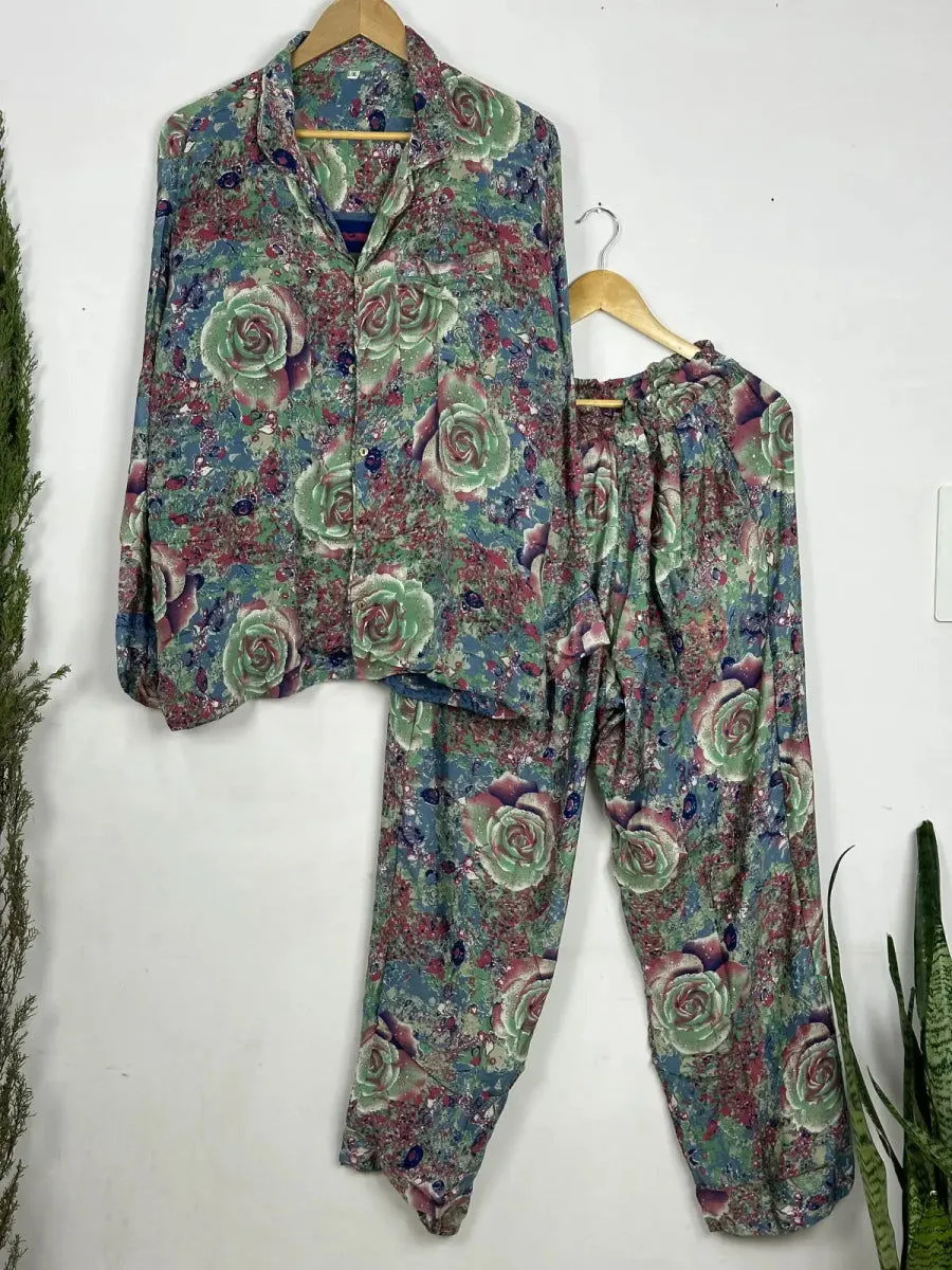 Recycle Silk Long Pajama Set, Lightweight and Breathable PJ Nightwear, Sustainable Women Girly Pajama Sleepwear Set, Silk Top and Bottom Gift for Mid NightGardenia Botanical Floral | L/XL Size