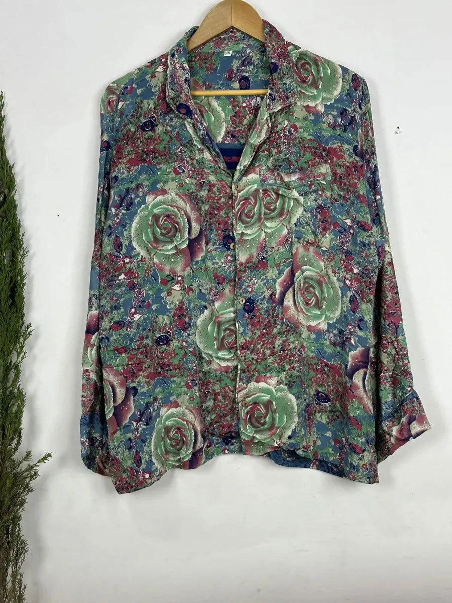 Recycle Silk Long Pajama Set, Lightweight and Breathable PJ Nightwear, Sustainable Women Girly Pajama Sleepwear Set, Silk Top and Bottom Gift for Mid NightGardenia Botanical Floral | L/XL Size
