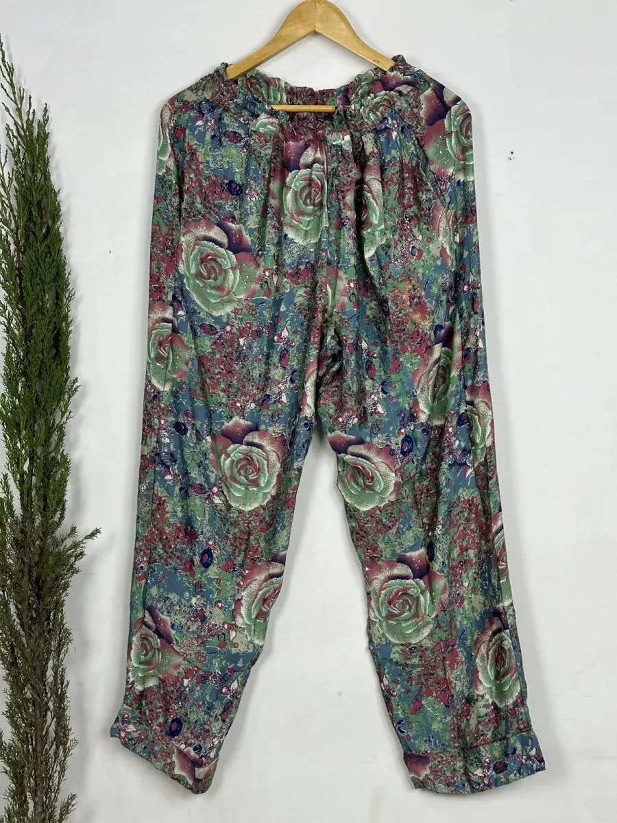 Recycle Silk Long Pajama Set, Lightweight and Breathable PJ Nightwear, Sustainable Women Girly Pajama Sleepwear Set, Silk Top and Bottom Gift for Mid NightGardenia Botanical Floral | L/XL Size