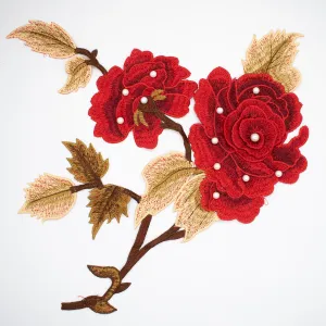 Red Flower & Pearl Embroidered Applique Motif Design-I-44