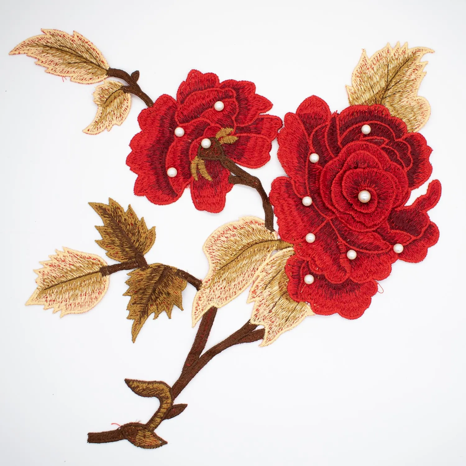 Red Flower & Pearl Embroidered Applique Motif Design-I-44