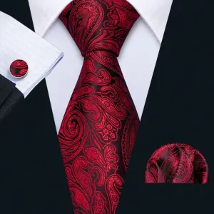 Regal Black and Red Paisley Silk Tie Set with Pocket Square and Cufflinks