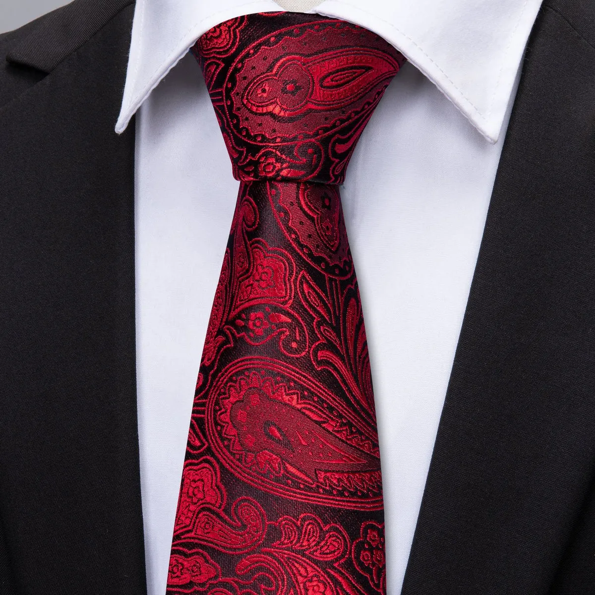 Regal Black and Red Paisley Silk Tie Set with Pocket Square and Cufflinks