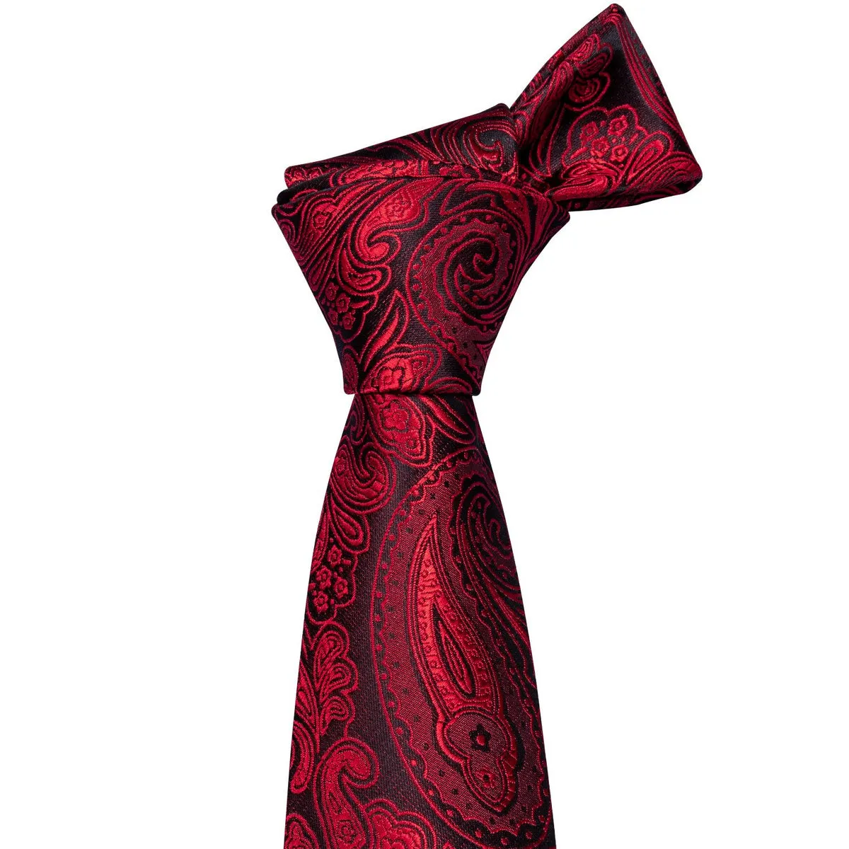 Regal Black and Red Paisley Silk Tie Set with Pocket Square and Cufflinks