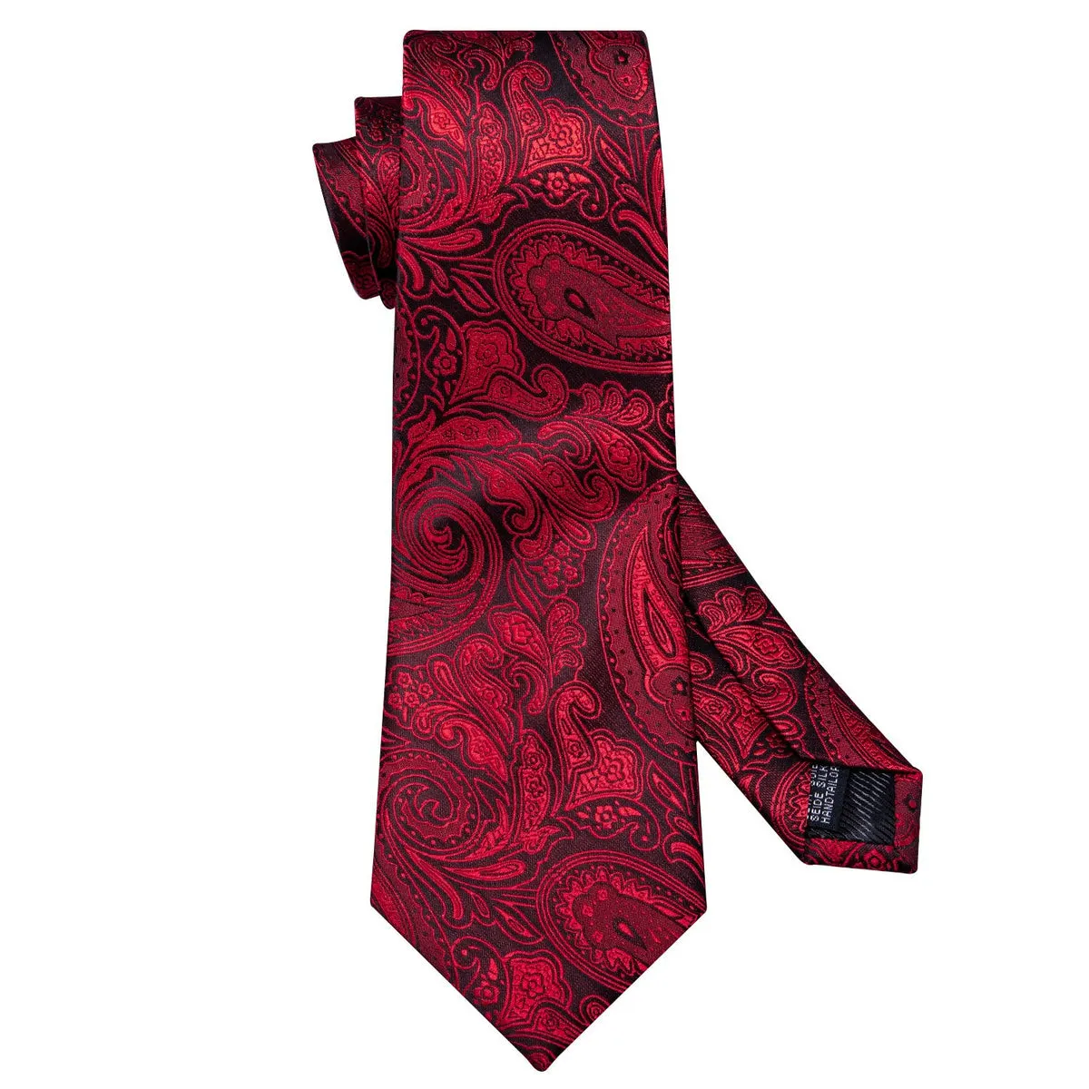 Regal Black and Red Paisley Silk Tie Set with Pocket Square and Cufflinks