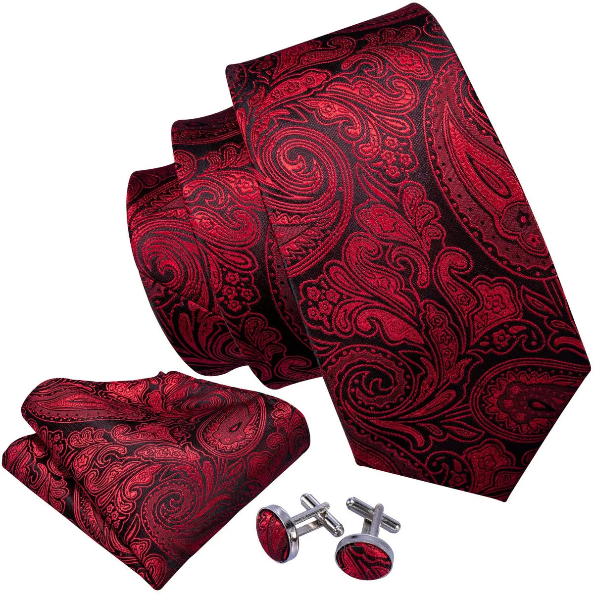 Regal Black and Red Paisley Silk Tie Set with Pocket Square and Cufflinks