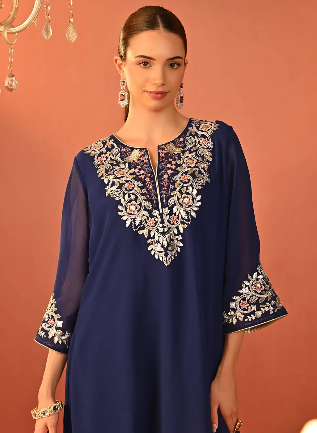 Rida Electric Blue Embroidered Chiffon Co-ord Set for Women