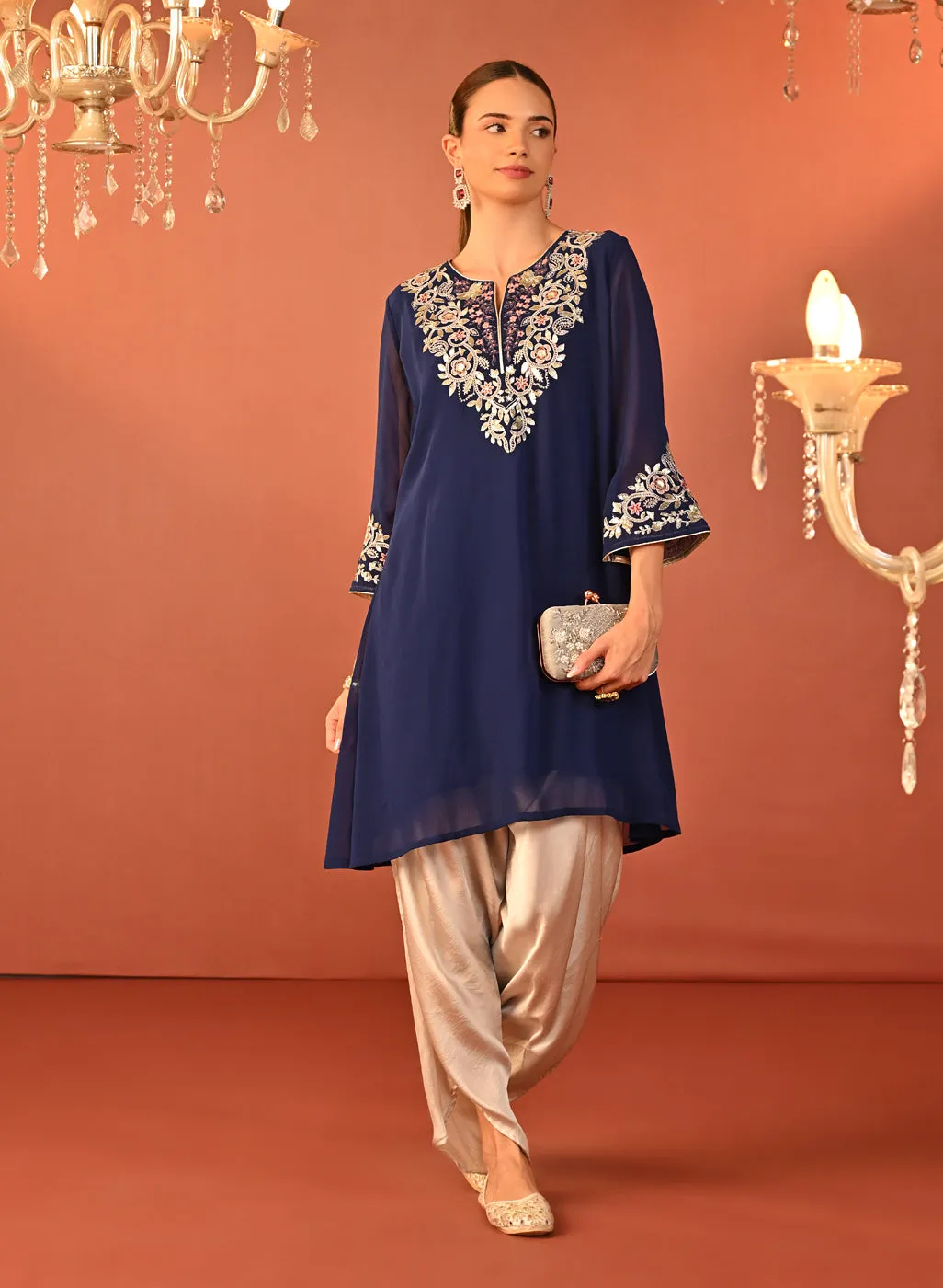 Rida Electric Blue Embroidered Chiffon Co-ord Set for Women