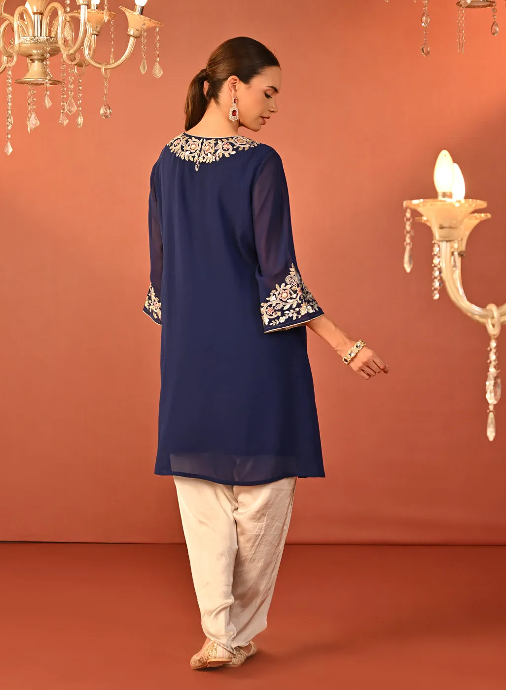 Rida Electric Blue Embroidered Chiffon Co-ord Set for Women