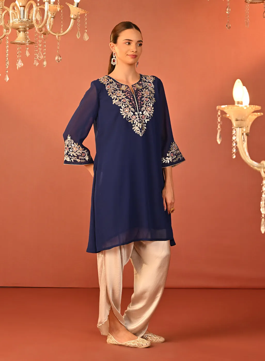 Rida Electric Blue Embroidered Chiffon Co-ord Set for Women