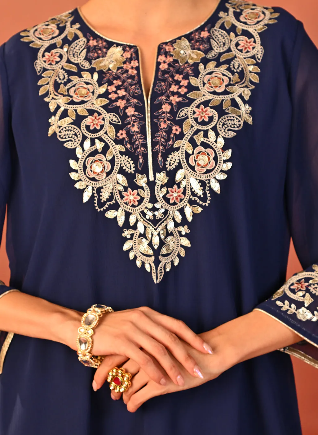 Rida Electric Blue Embroidered Chiffon Co-ord Set for Women