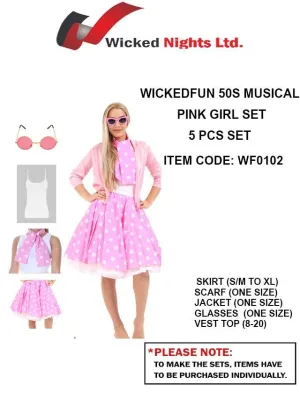 Rockin’ Retro: Unleash Wicked Fun with the 50s Musical Pink Girl 5-Piece . Set Pink Pizzazz: Rockin’ Retro Style with the 50s Musical Pink Girl 5-Piece Set