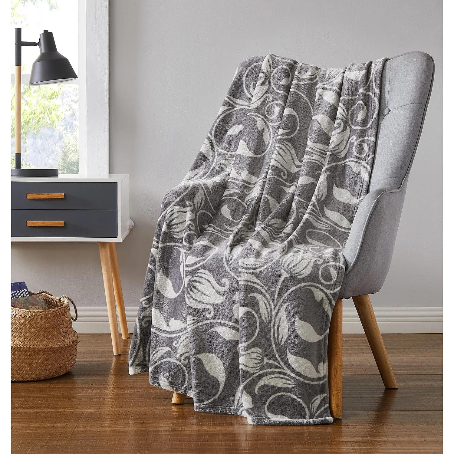 Scroll Luxurious Printed Plush Throw Blanket, Silver, 50x60 Inches