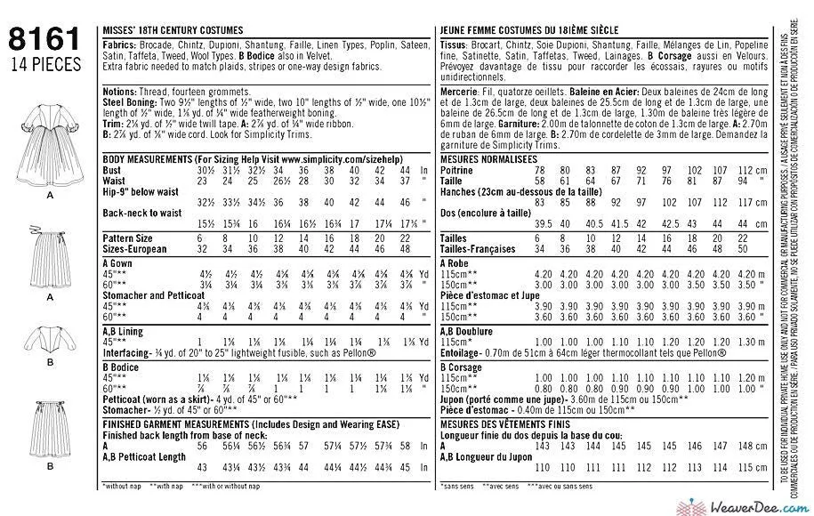 Simplicity Pattern S8161 Misses' 18th Century Costumes