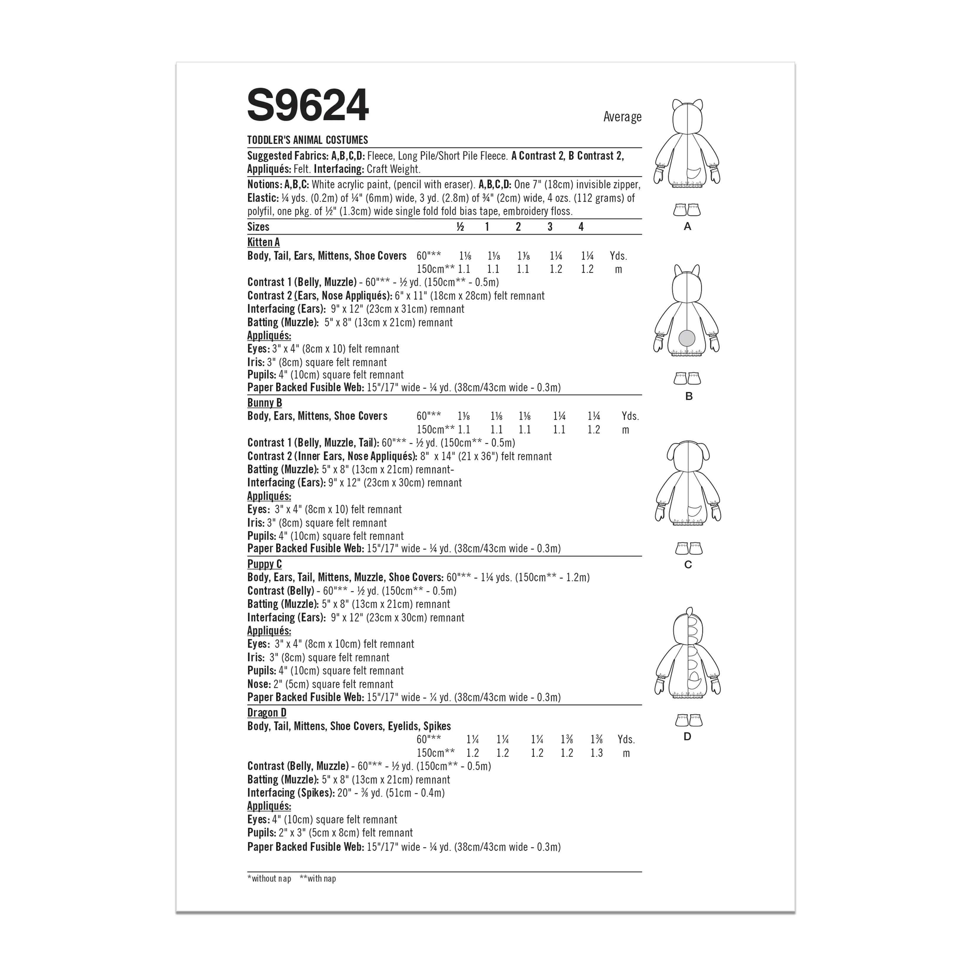Simplicity Sewing Pattern S9624 TODDLERS' ANIMAL COSTUMES