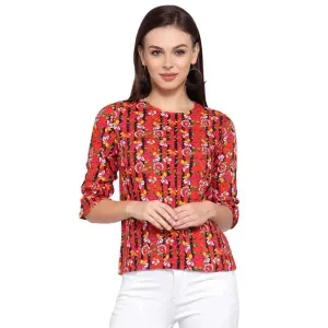 Stylish Viscose Rayon Coral Orange Floral Printed Top For Women