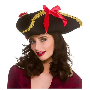 Womens Pirate Hat Red Ribbon Gold Braid Fancy Dress